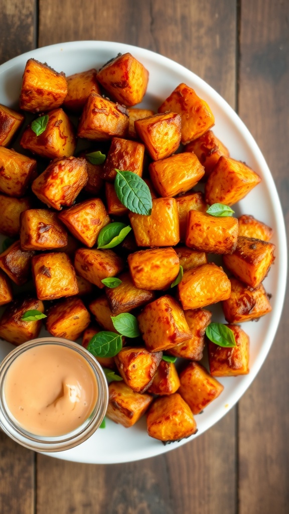 Crispy and spicy Potato 65 garnished with curry leaves on a plate with dipping sauce.